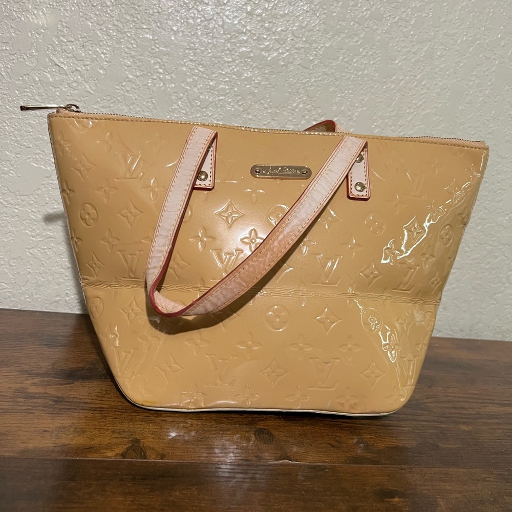 Beige Patent Leather Monogram Embossed Tote Bag Glossy Shoulder Bag